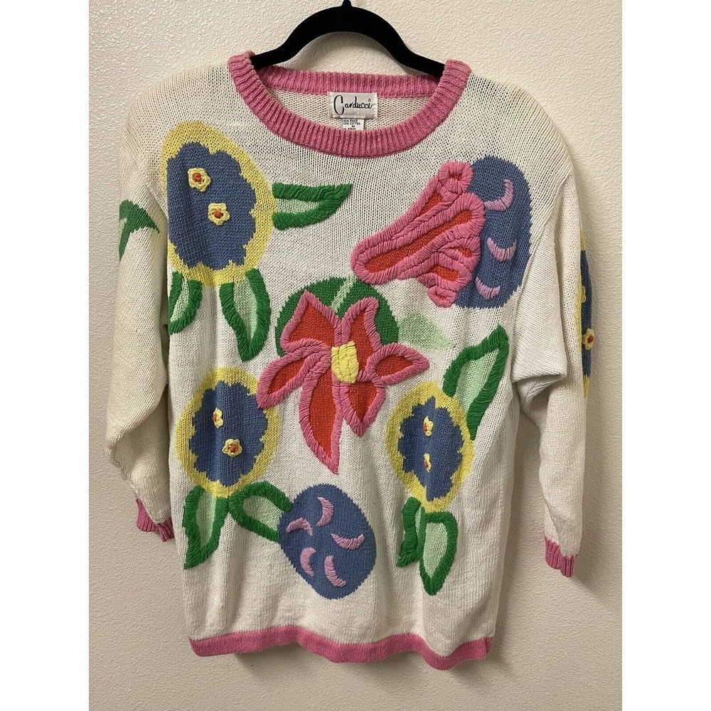 Vintage 80s Carducci Chunky Flower Knit Sweater Womens M Medium​​​